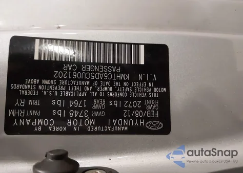 2012 Hyundai Veloster Base W/Gray z USA, uszkodzony, nr VIN KMHTC6AD5CU061202